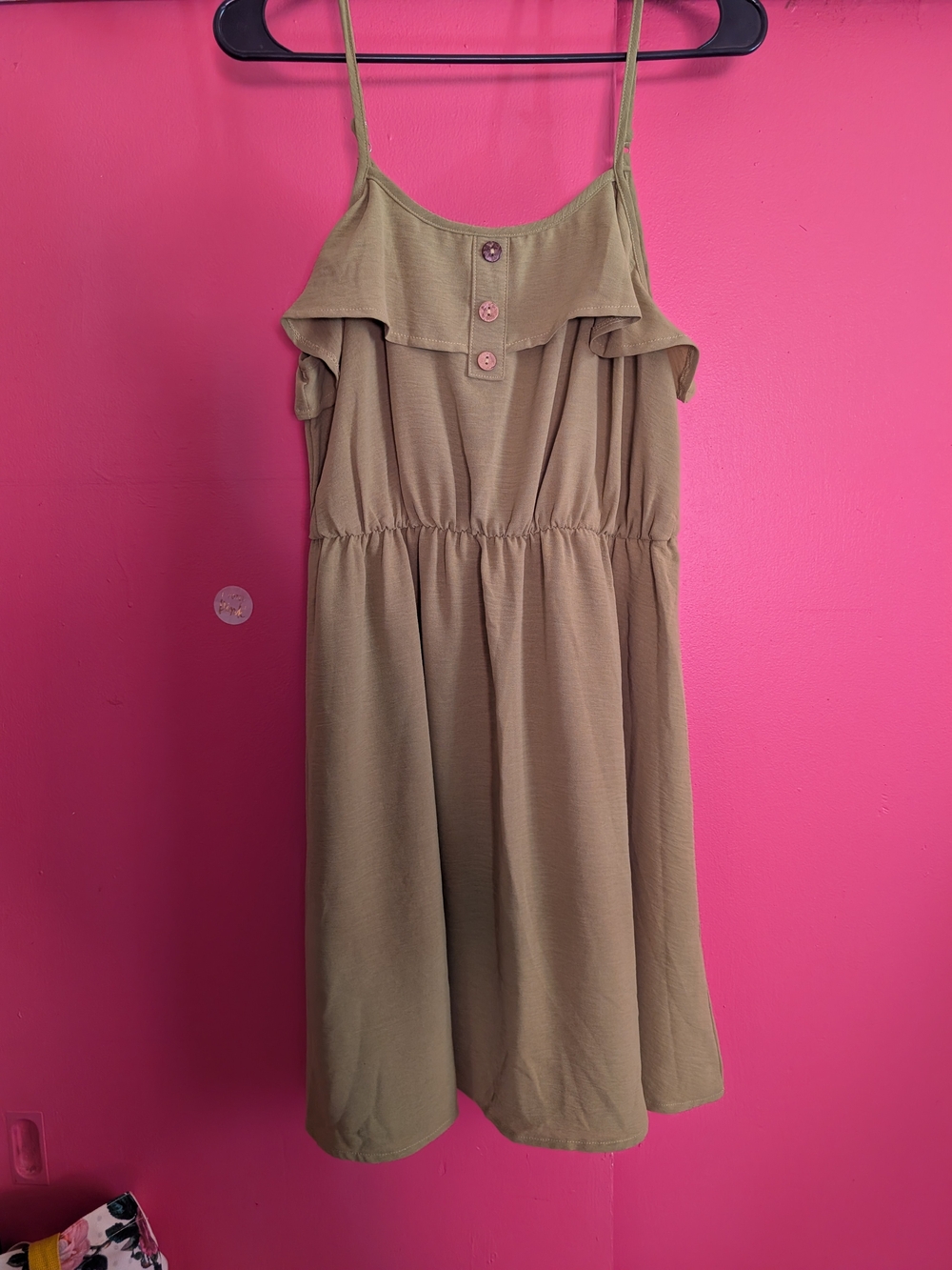 Ladies Olive Green Spaghetti Strap Dress with Ruffle and Button Detail